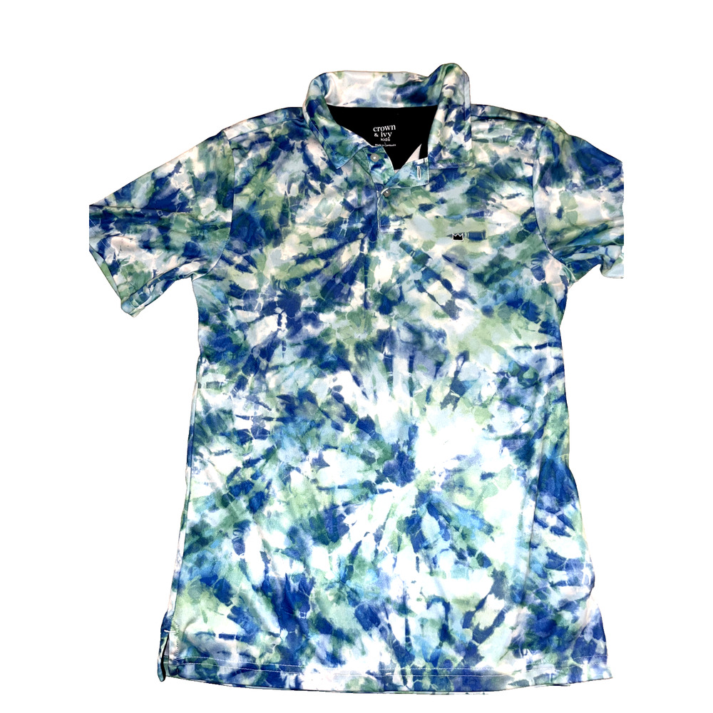 Crown Ivy Kids Shirt Boys Polo Large Blue Green Tye Die Short Sleeve Polyester